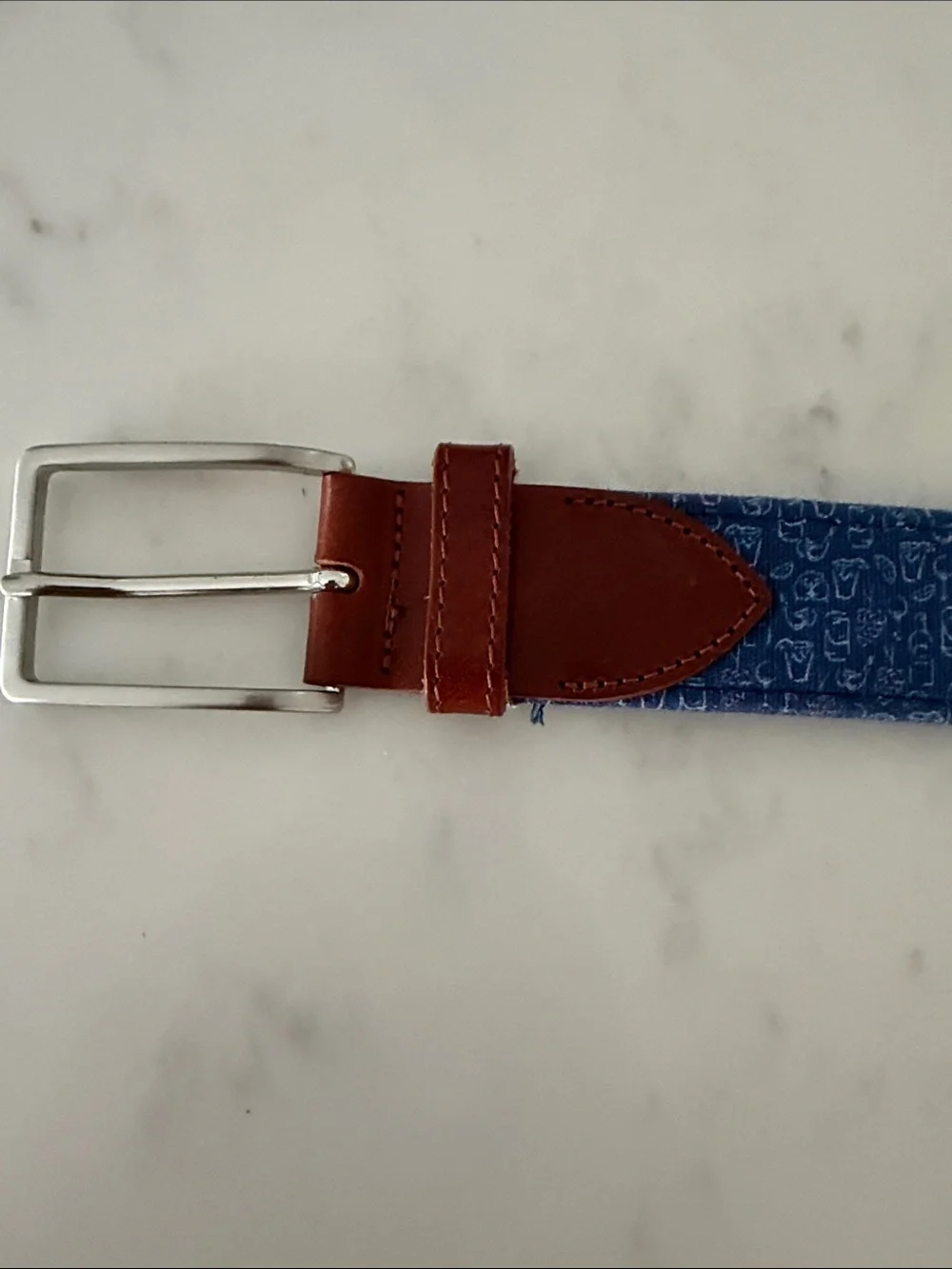 Peter Millar Blue Cocktail Patterned Canvas Belt with Brown Leather Accents